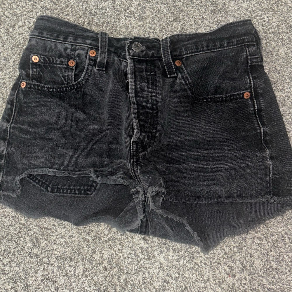Levi 501 Black Distressed High-Rise Denim Shorts